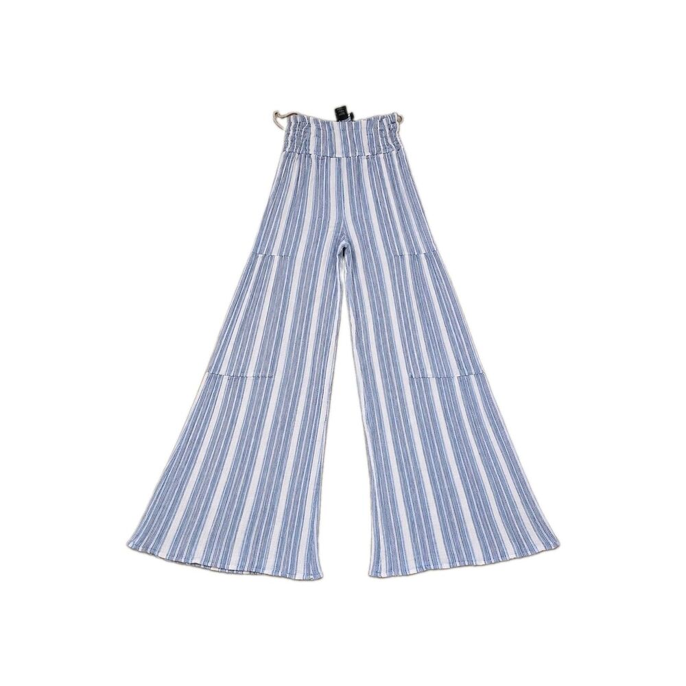 Angie Women's XXS Blue White Striped Wide Leg Palazzo Pants Boho Flowy Cotton
